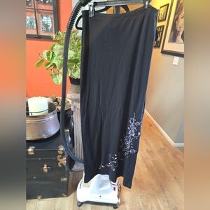 Carole Little  Sport Black 90s Maxi Skirt w/Purple Embroidered Flowers, L